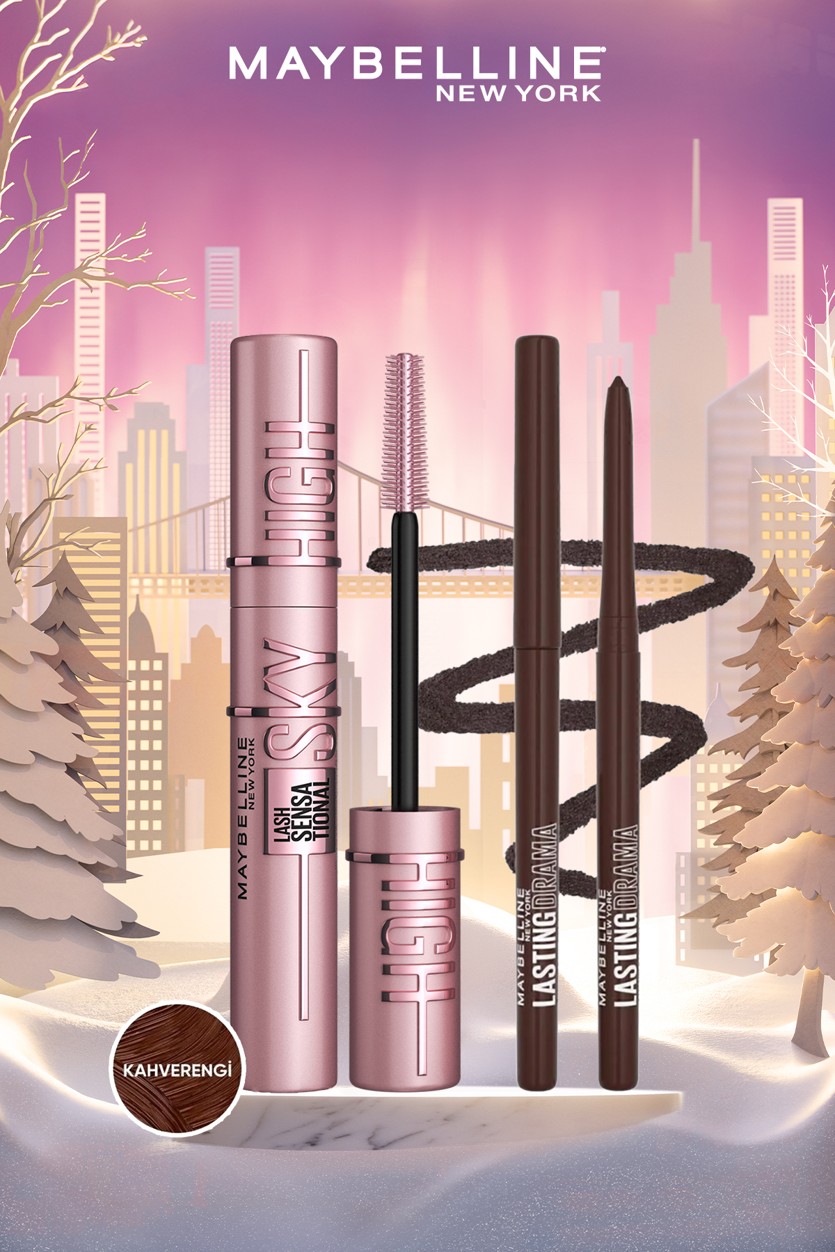 Maybelline New York Lash Sensational Sky High Brown Kahverengi Maskara& Lasting Drama Liner Göz Kalemi Brown Sugar