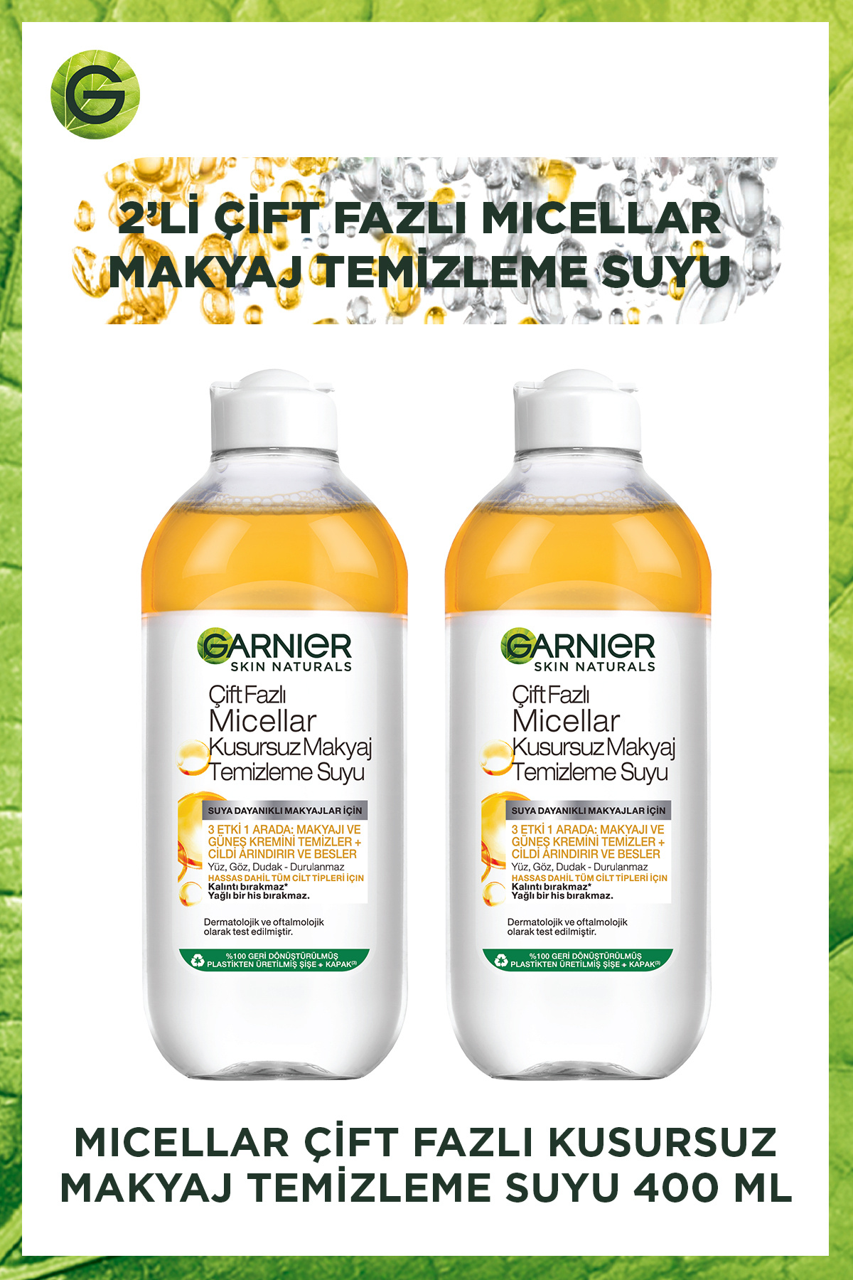 Garnier 2'li Set Micellar Çift Fazlı Kusursuz Makyaj Temizleme Suyu 400 ml