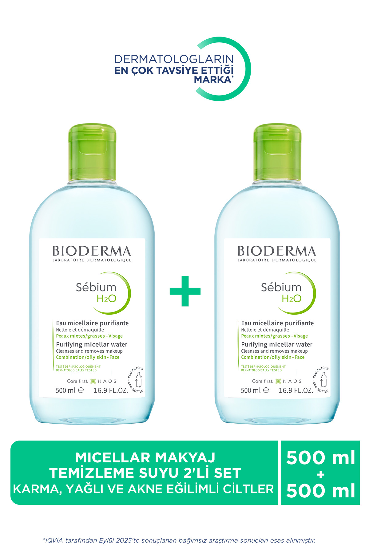 Bioderma Sebium H2O 2'li Avantajlı Set Karma, Yağlı Ciltler için Micellar Makyaj Temizleme Suyu 2x500 ml