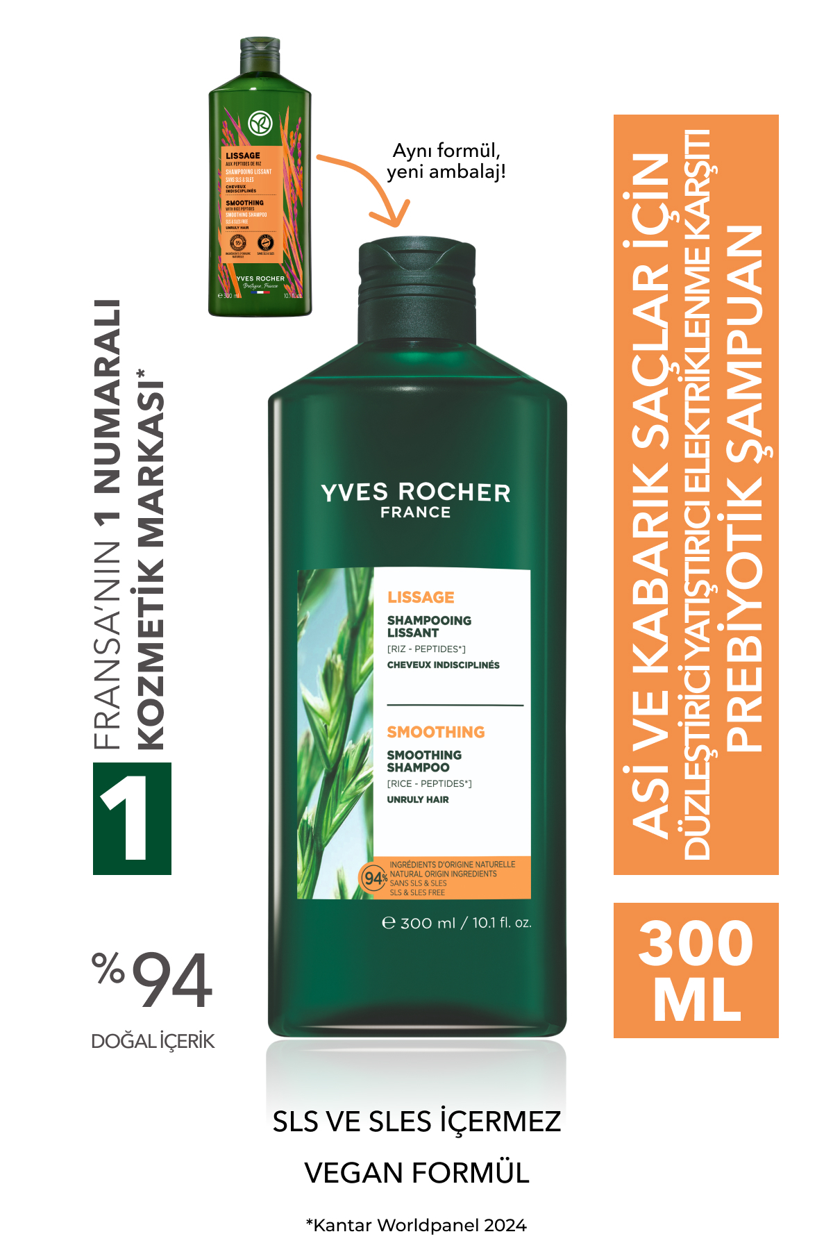 Yves Rocher Yatıştırıcı Prebiyotik Şampuan-Asi ve Kabarık Saçlar / Lissage-SLS,SLES İçermez,Vegan-300ml