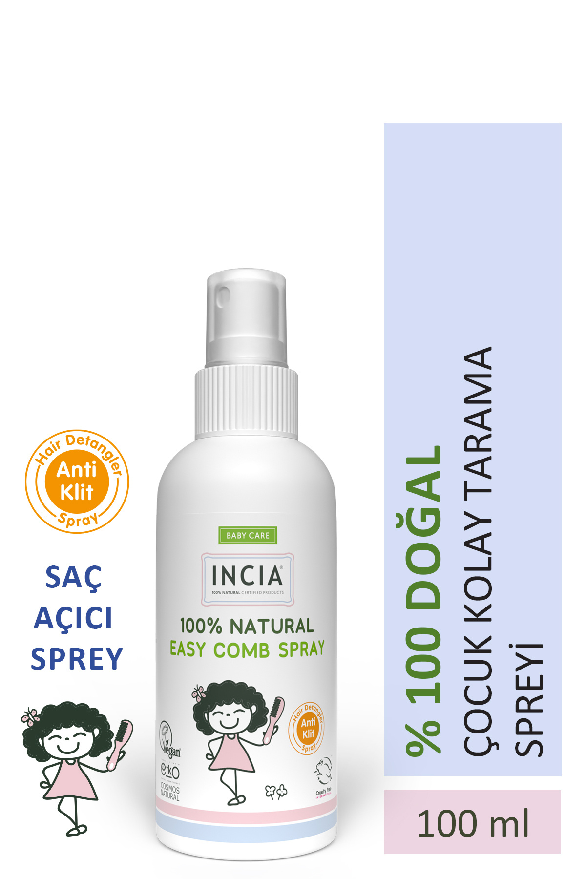 Incia %100 Doğal Kolay Tarama Spreyi Çocuklar İçin Nemlendirici Parlaklaklaştırıcı Anti-Klit 100 ml