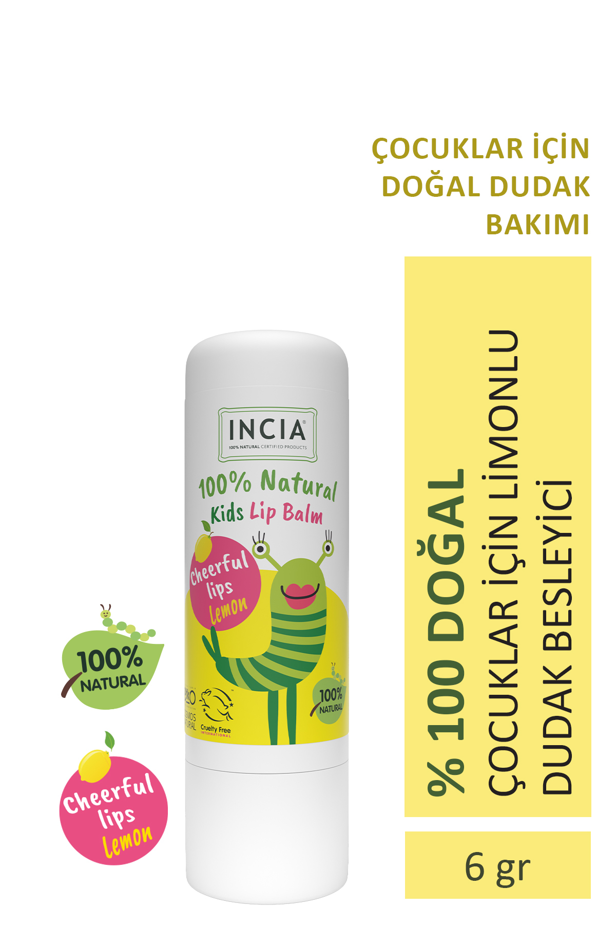 Incia %100 Doğal Kids Dudak Besleyici Limon Bitkisel Nemlendirici Dudak Bakım Kremi 6 G
