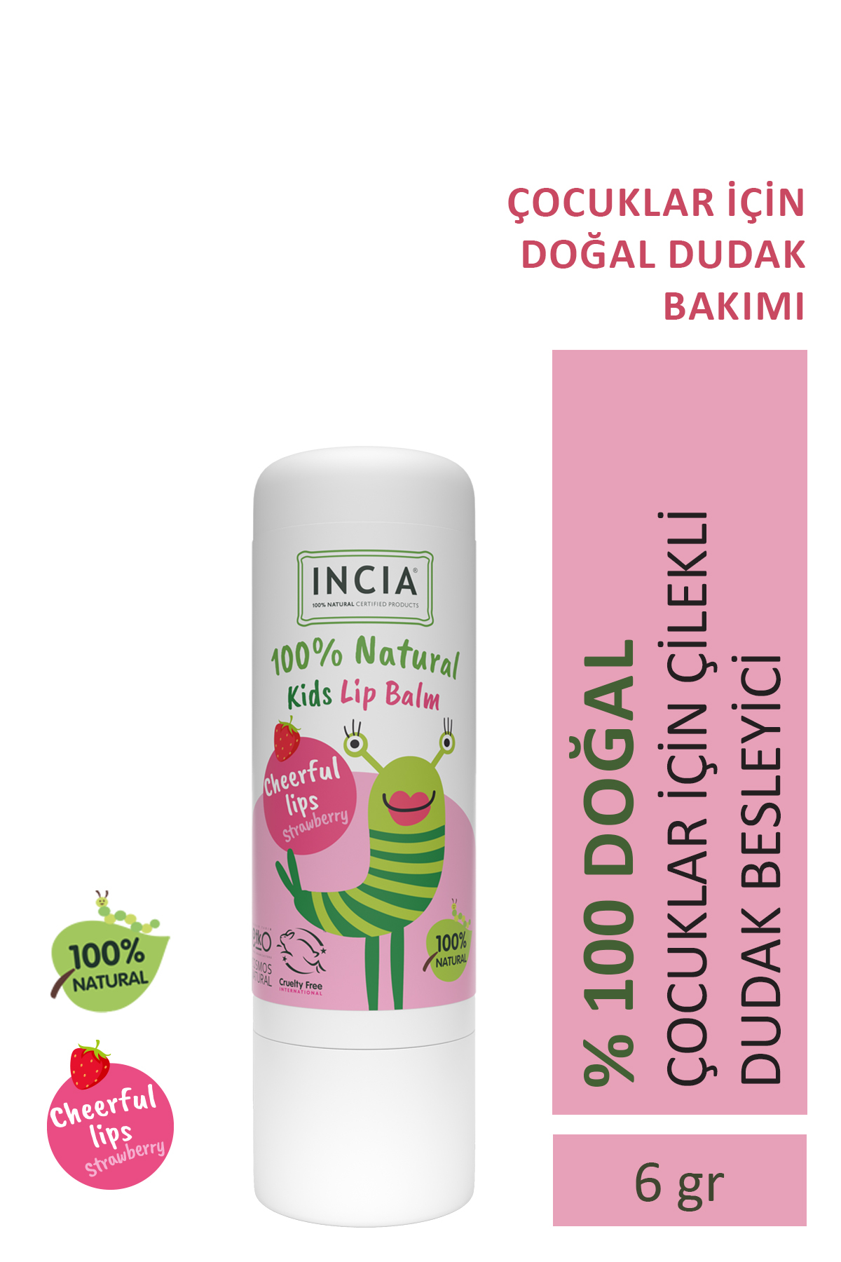 Incia %100 Doğal Kids Dudak Besleyici Çilek Bitkisel Nemlendirici Dudak Bakım Kremi 6 G