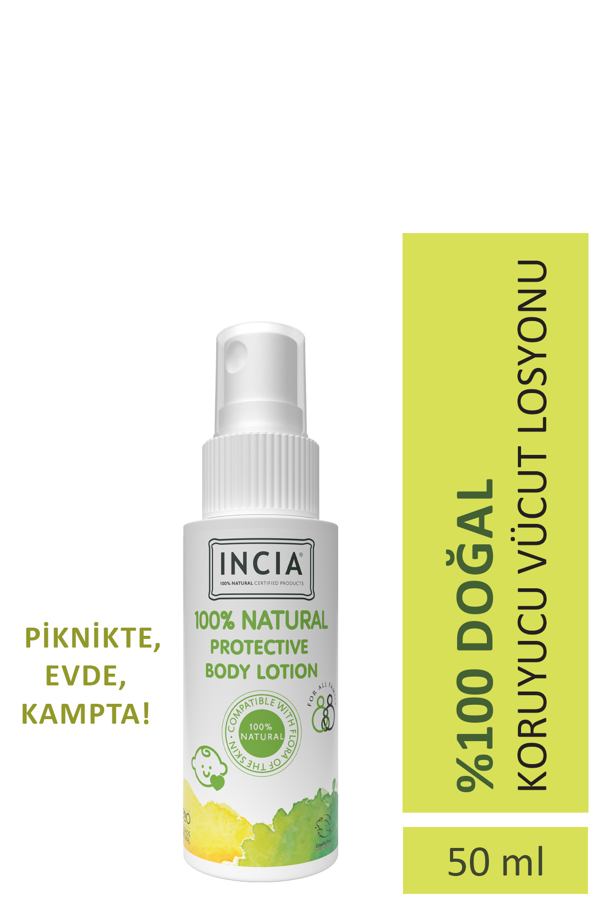Incia %100 Doğal Koruyucu Vücut Losyonu Sprey Yenidoğan Bebek Çocuk Için Limon Okaliptus Vegan 50 ml