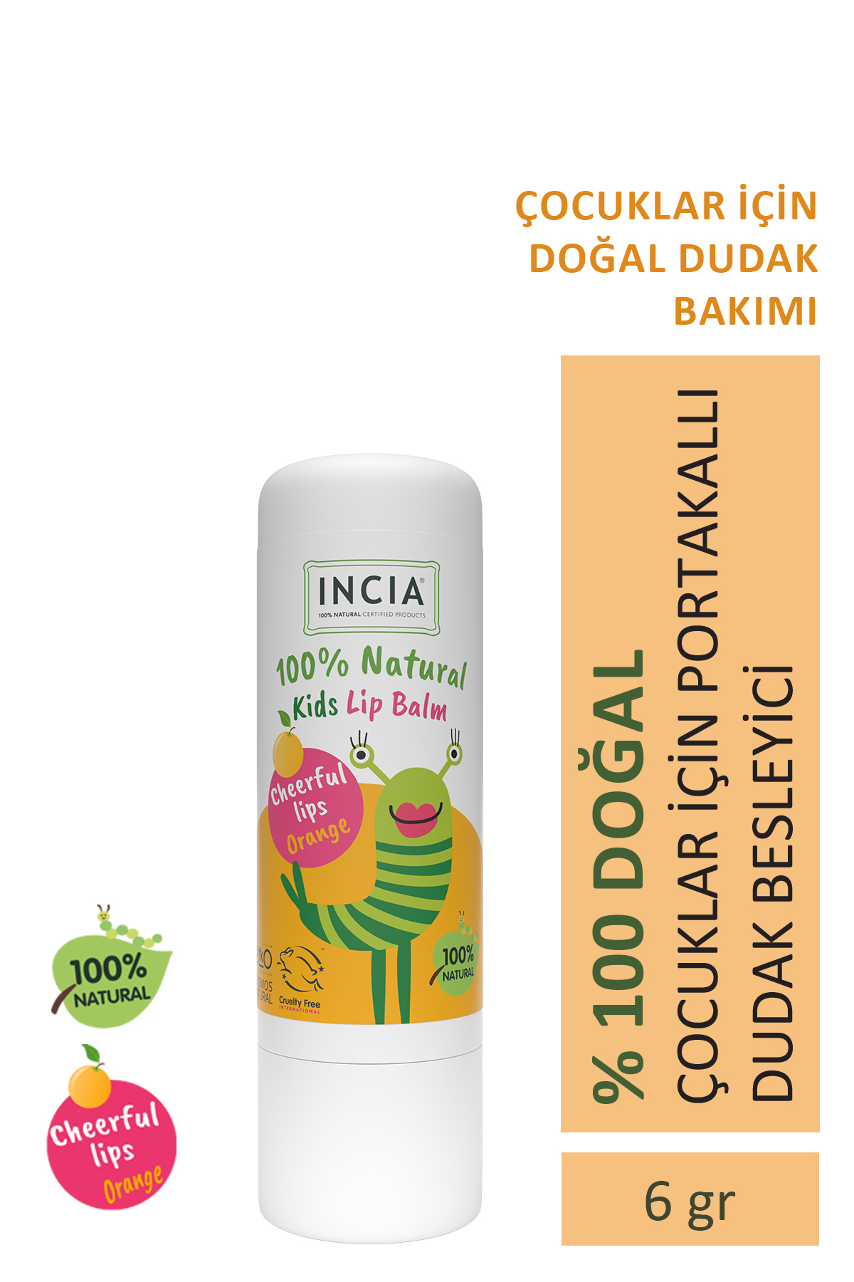 Incia %100 Doğal Kids Dudak Besleyici Portakal Bitkisel Nemlendirici Dudak Bakım Kremi 6 G