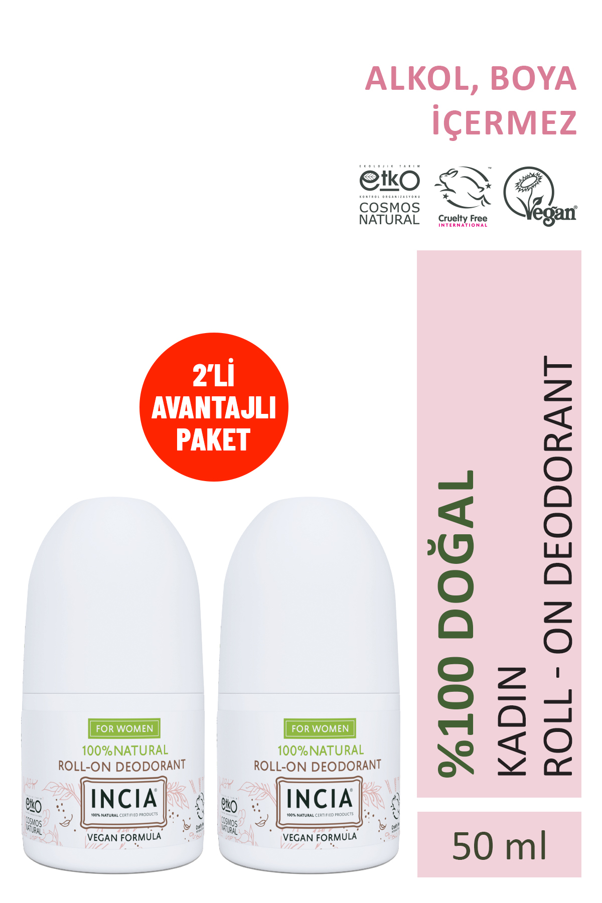 Incia %100 Doğal Roll On Deodorant Kadınlar İçin Ter Kokusu Önleyici Lekesiz 50 ml X 2 Adet