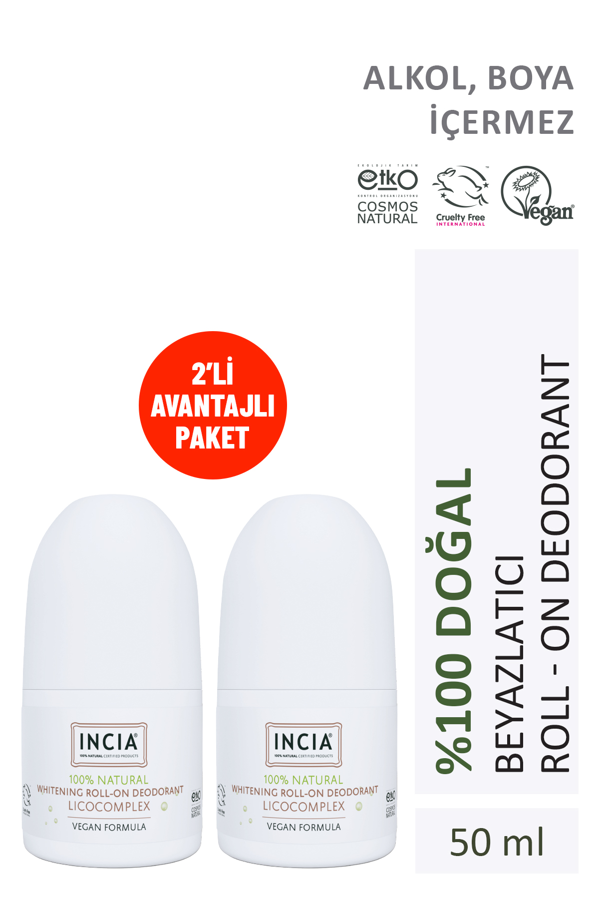 Incia %100 Doğal Roll On Deodorant Beyazlatıcı Ter Kokusu Önleyici Lekesiz 50 ml X2 Adet