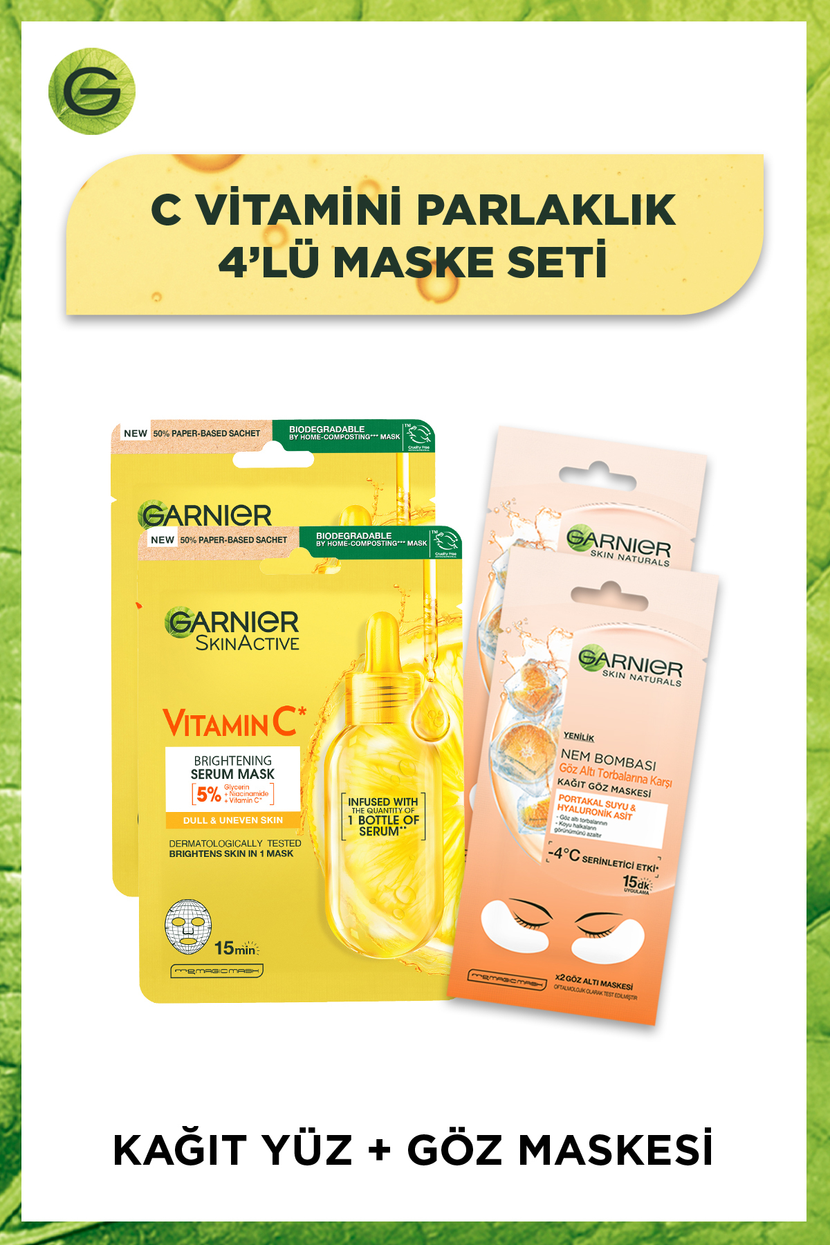 Garnier C Vitamini Parlaklık Verici Yüz Maskesi & Göz Altı Torbalarına Karşı Göz Maskesi 4'lü Set