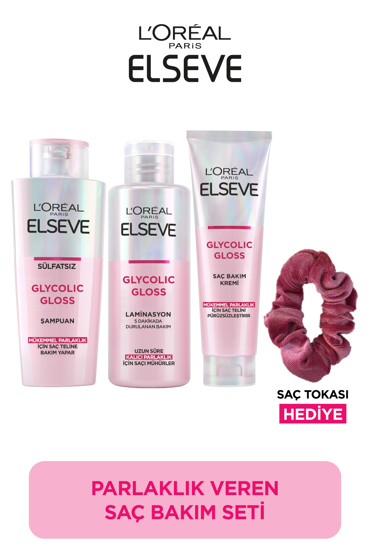 ELSEVE Glycolic Gloss Parlaklık 3'lü Saç Bakım Seti: Şampuan, Saç Kremi, Laminasyon + Saç Tokası Hediye