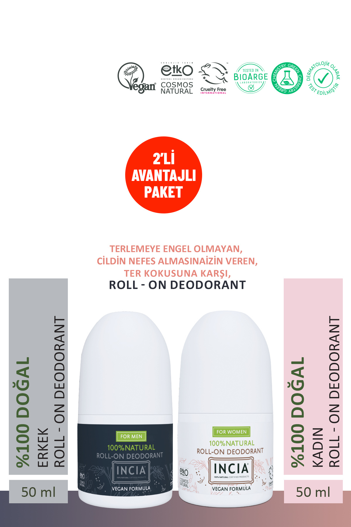 Incia %100 Doğal Roll On Deodorant Kadın Erkek Ter Kokusu Önleyici Lekesiz 50 ml 2'li Set