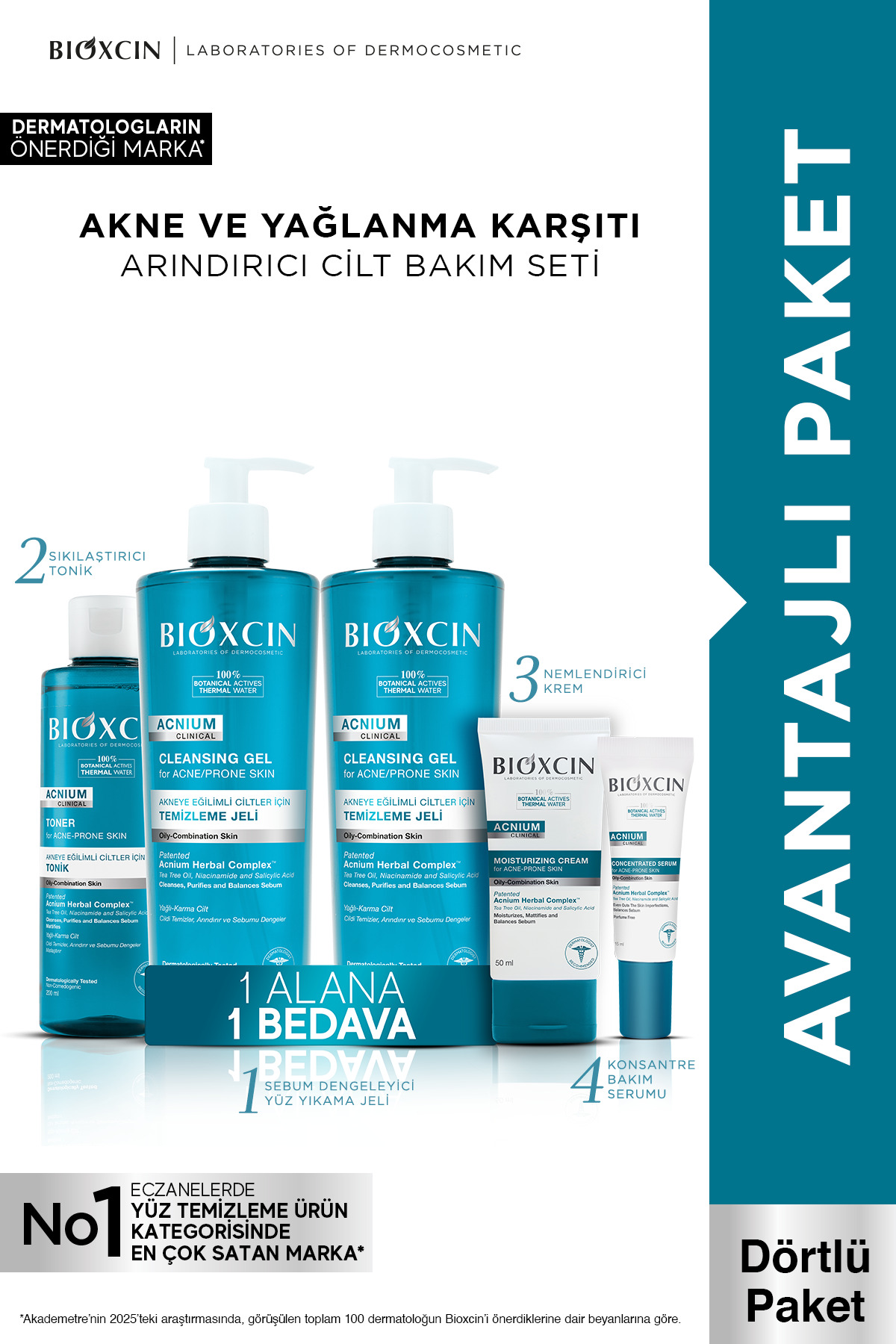 Bioxcin Acnium Tüm Cilt Tipleri İçin Akne Karşıtı Yüz Temizleme Jeli x2 + Tonik + Krem + Serum Seti