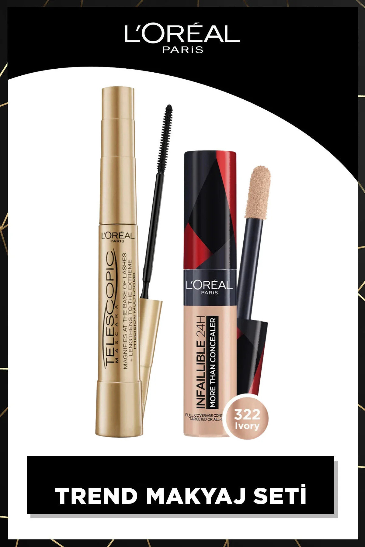 L'Oreal Paris Telescopic Gold Siyah Maskara + Infaillible Tüm Yüze Uygulanabilir Kapatıcı 322 Ivory