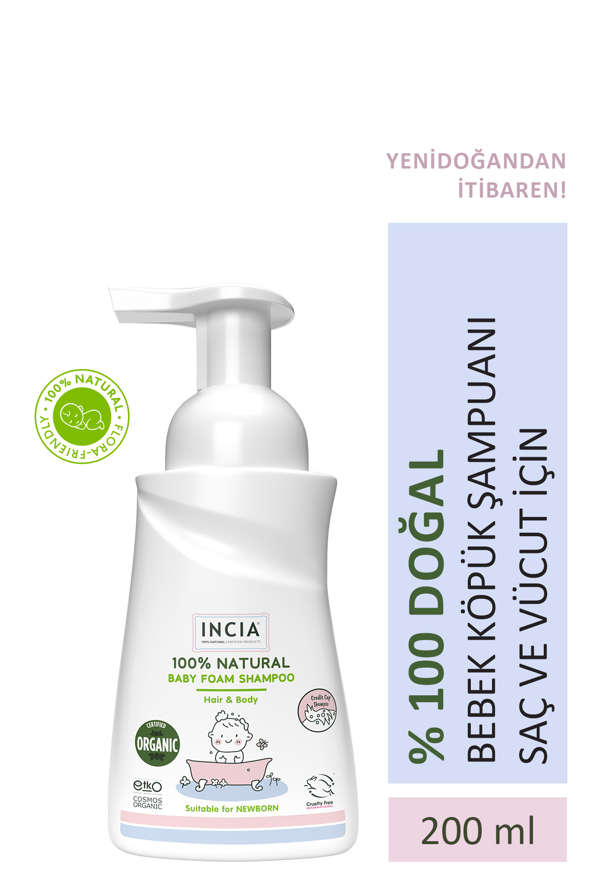 Incia %100 Doğal Organik Sertifikalı Bebek Köpük Şampuanı Saç Vücut Lavanta Konak Önleyici Yenidoğan 200ml