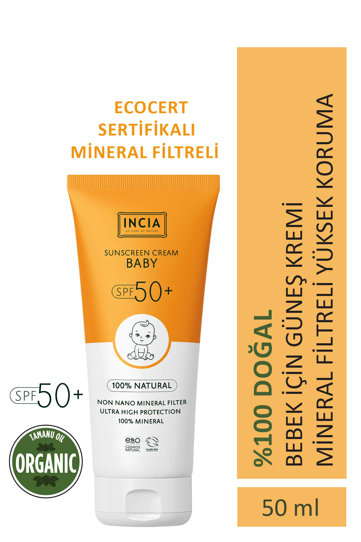 Incia %100 Doğal Bebek Güneş Kremi Leke Karşıtı Mineral Filtreli Yüksek Koruma SPF 50+ UVA UVB 50 ml