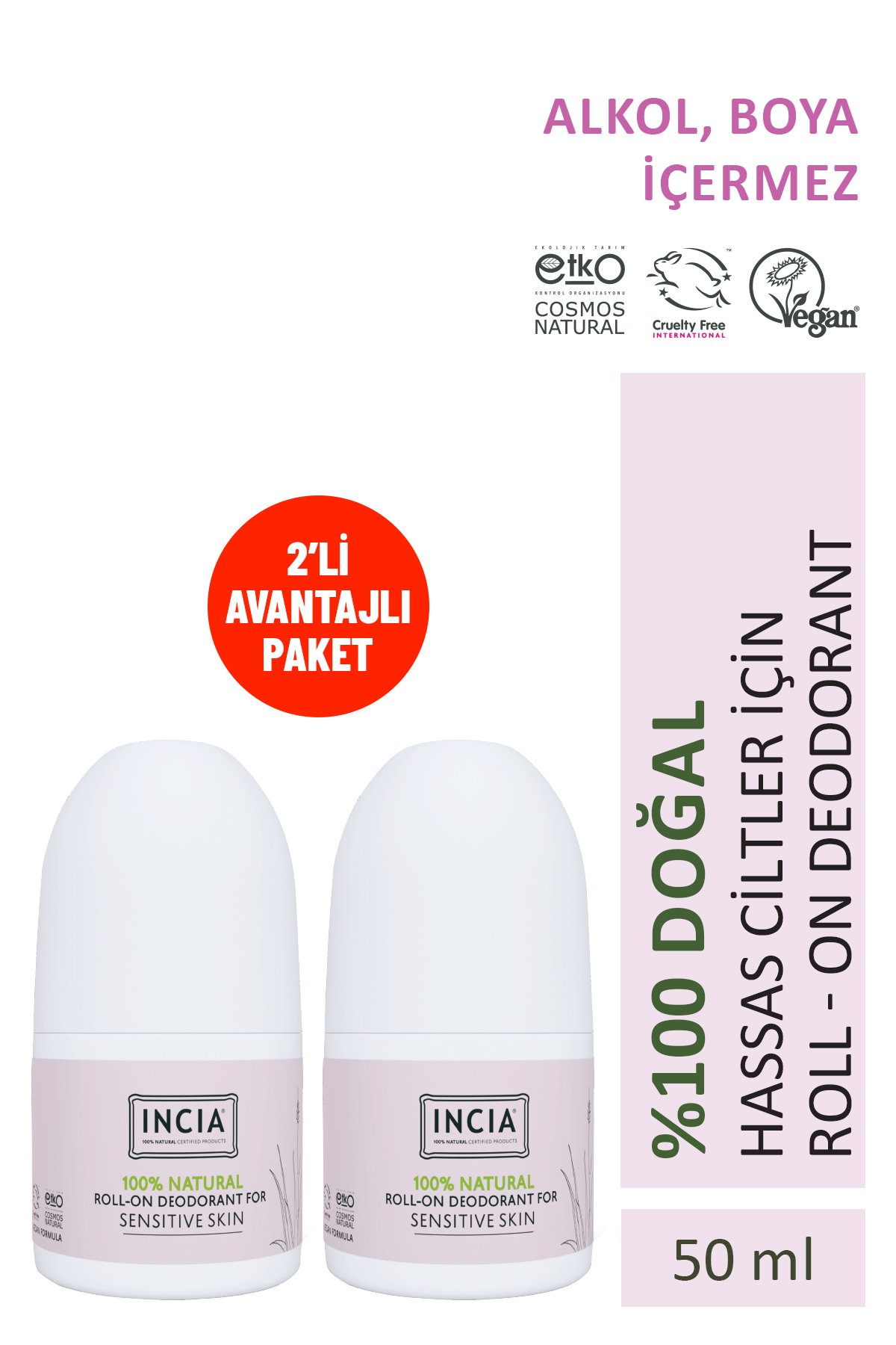 Incia %100 Doğal Roll On Deodorant Hassas Ciltler Için 2'li Ter Kokusu Önleyici Lekesiz 50 ml X 2 Adet