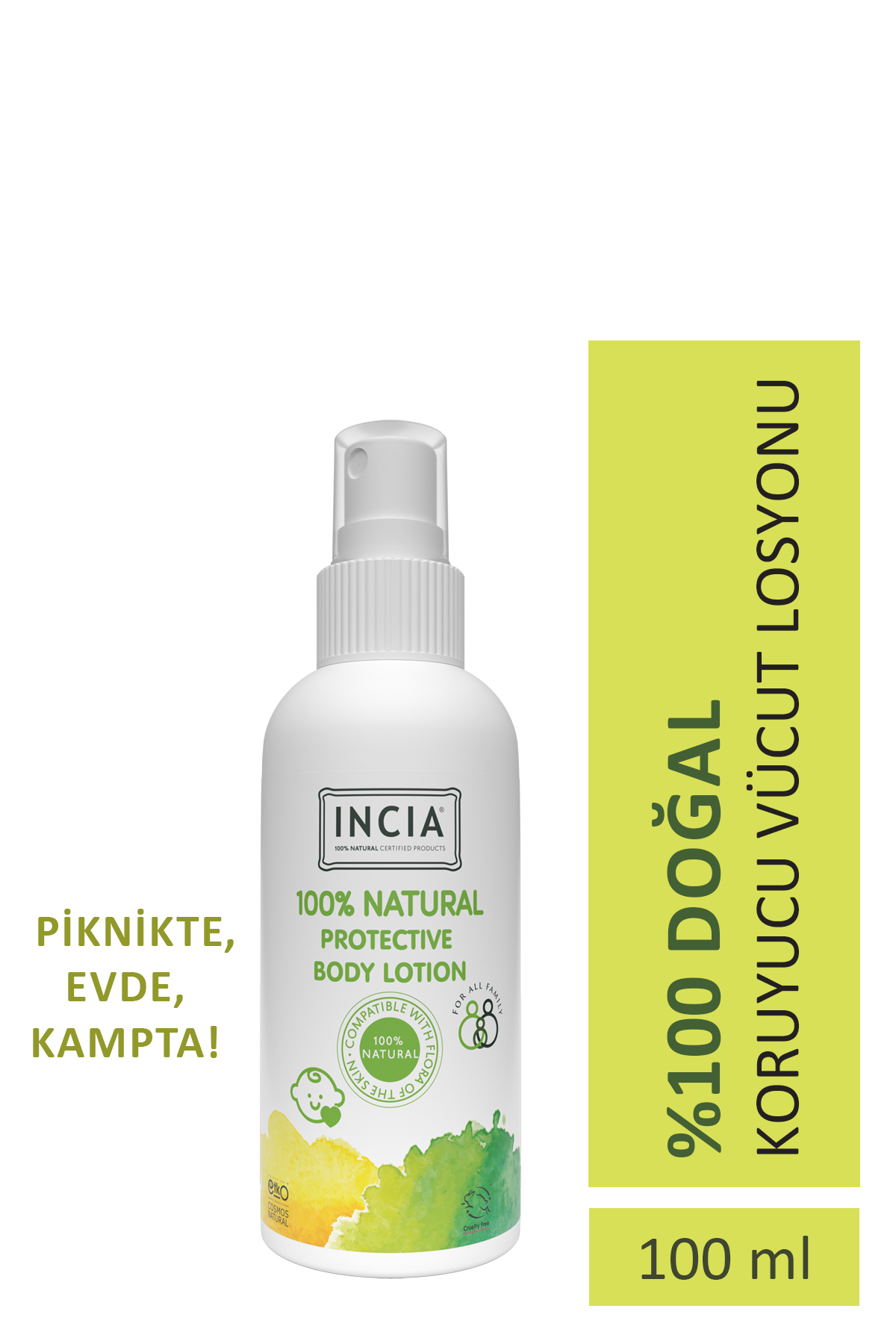 Incia %100 Doğal Koruyucu Vücut Losyonu Sprey Yenidoğan Bebek Çocuk İçin Limon Okaliptus Vegan 100 ml