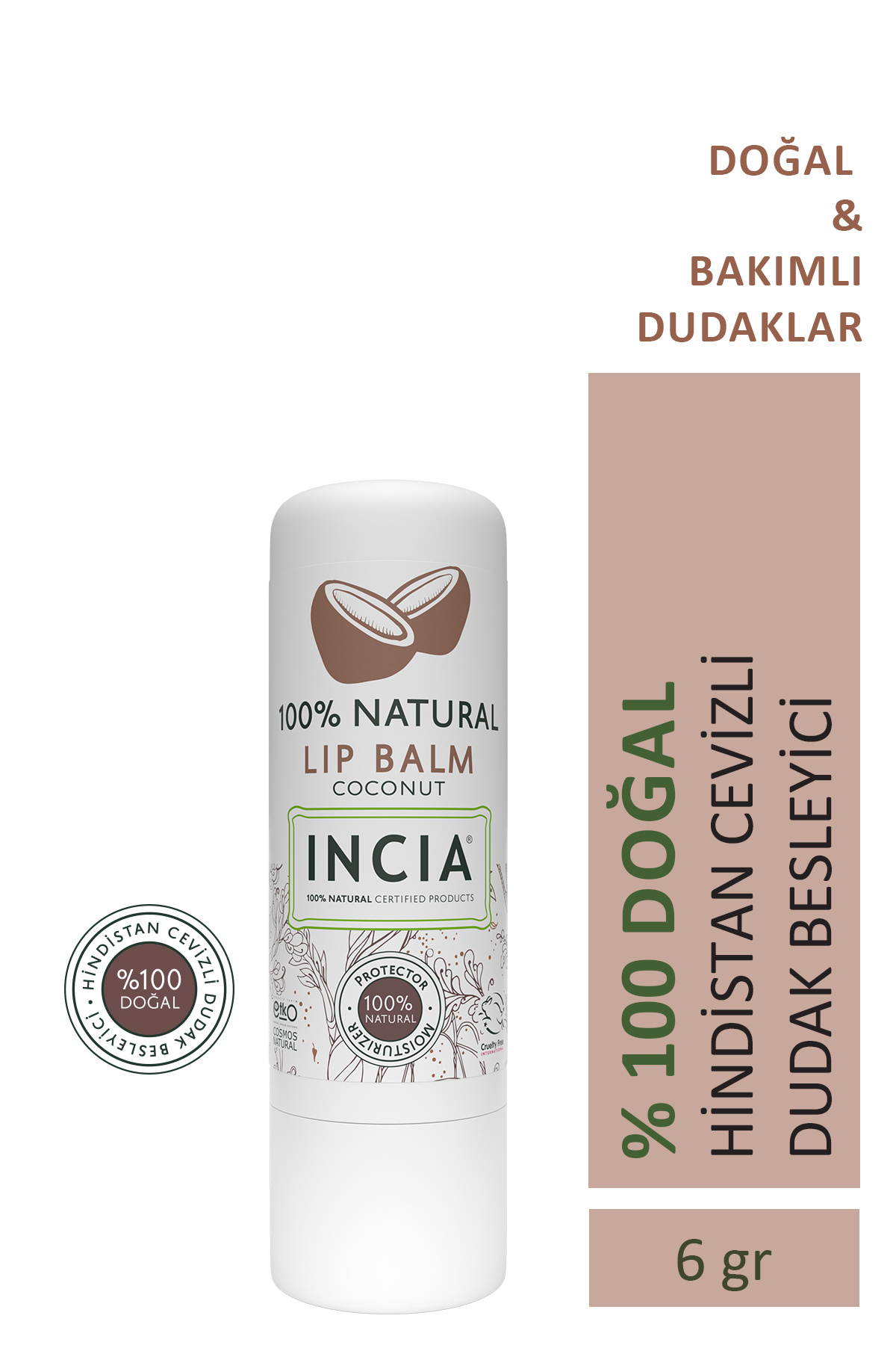 Incia %100 Doğal Dudak Besleyici Hindistan Cevizi Bitkisel Nemlendirici Dudak Bakım Kremi 6 gr