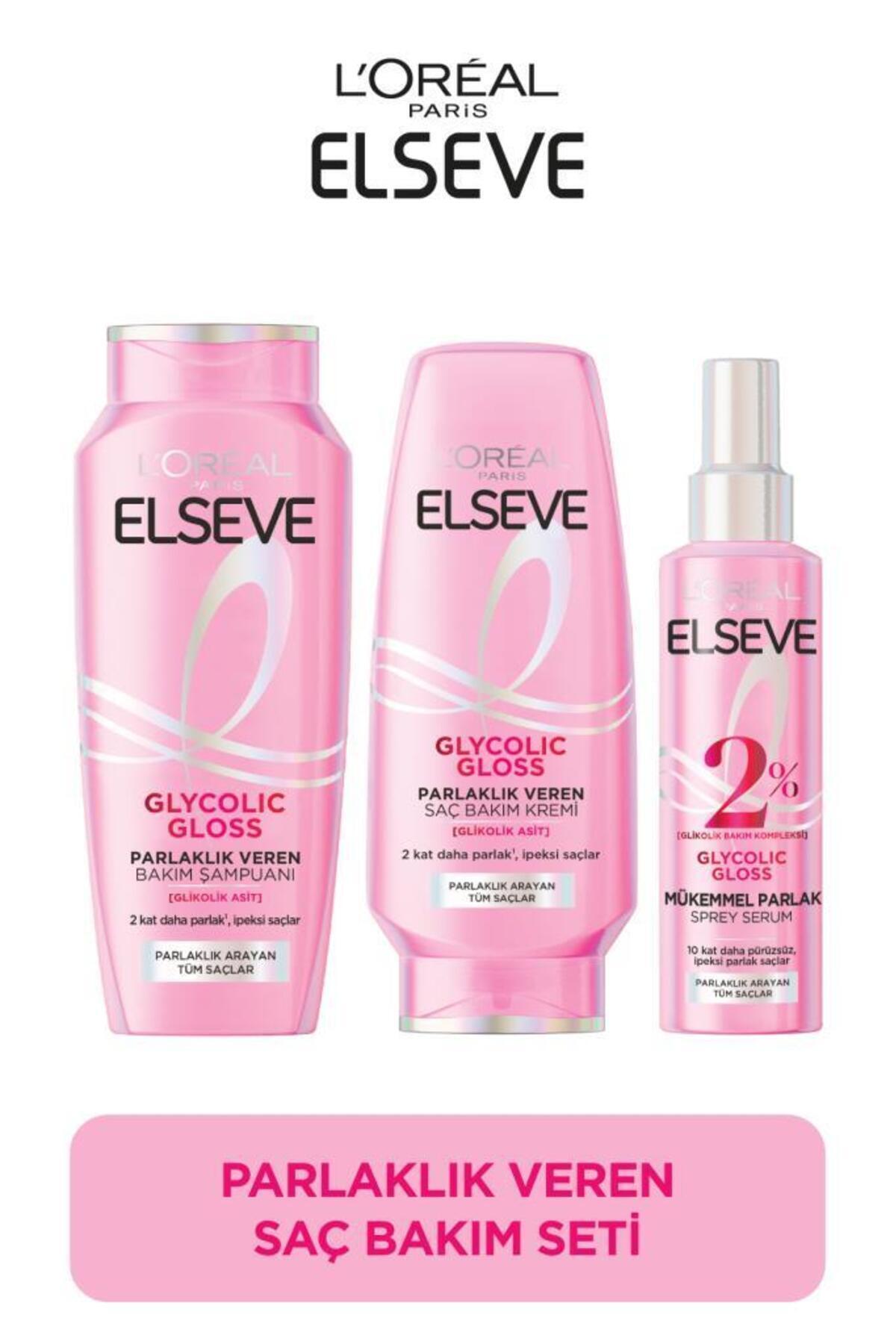 ELSEVE Glycolic Gloss Parlak Veren Saç Bakım Rutini Seti: Şampuan, Saç Kremi, Bakım Spreyi
