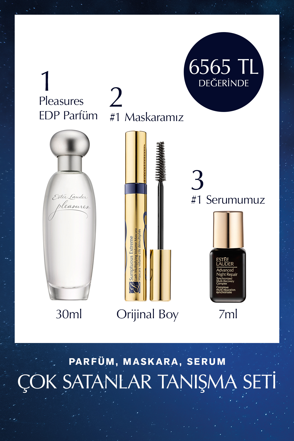 Estee Lauder Tanışma Seti - Pleasures EDP Parfüm 30ml, Maskara 8ml, Advanced Night Repair Serum 7ml