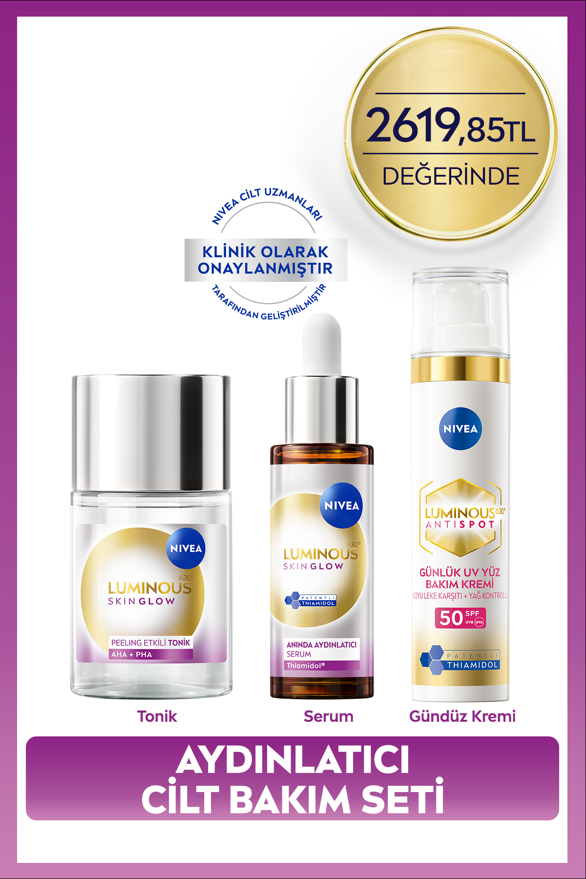 NIVEA SPF50 Luminous630 Leke Karşıtı Gündüz Yüz Kremi, Skin Glow Aydınlatıcı Serum ve Tonik, Çeyiz Seti