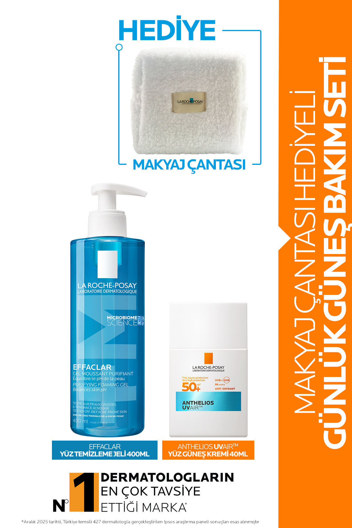 La Roche Posay Makyaj Çantası Hediyeli Günlük Güneş Bakım Seti:Effaclar Temizleme Jeli&Anthelios UVAIR Güneş Kremi