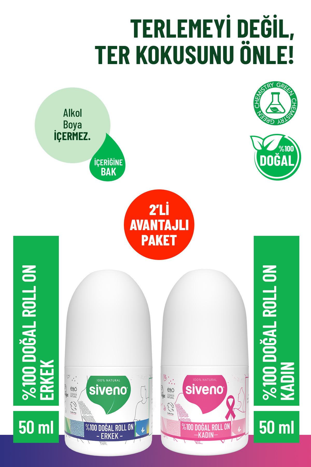 Siveno %100 Doğal Roll-on Kadın + Erkek Deodorant Ter Kokusu Önleyici Leke Bırakmayan 50 ml 2'li Set