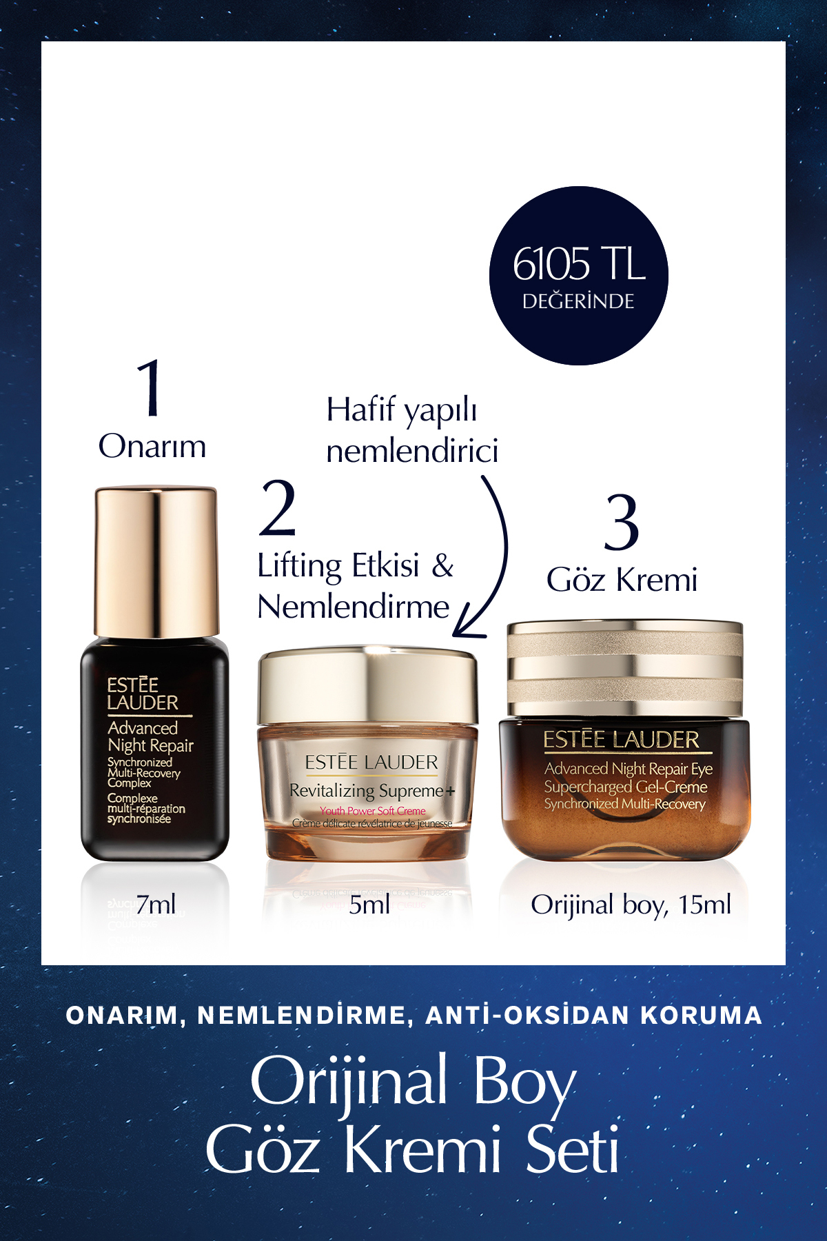 Estee Lauder Cilt Bakım Seti - Advanced Night Repair Serum 7ml + Göz Kremi 15ml + Supreme Soft Nemlendirici 5ml