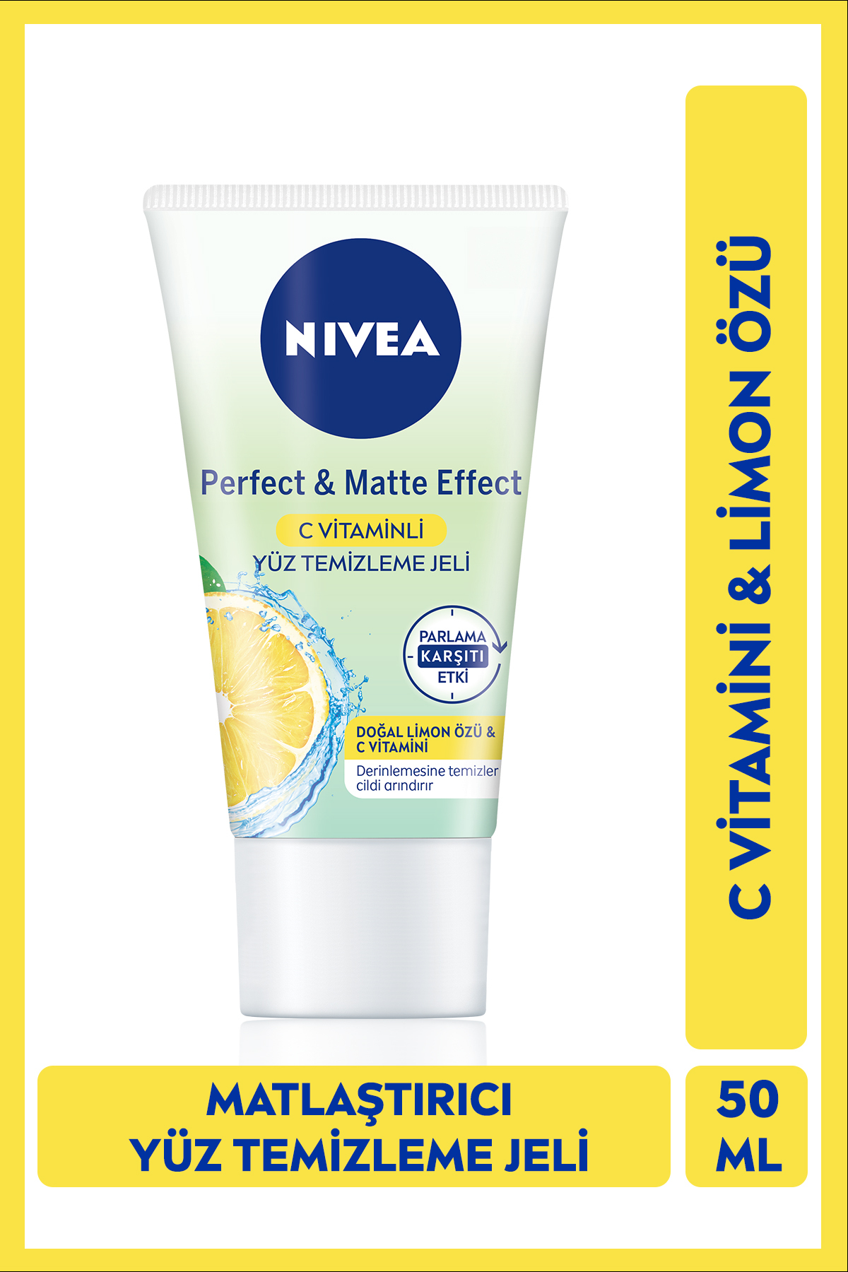 NIVEA Perfect&Matte Yüz Temizleme Jeli 50ml, C Vitamini, Matlaştırıcı, Parlama Karşıtı, Yağlı Cilt