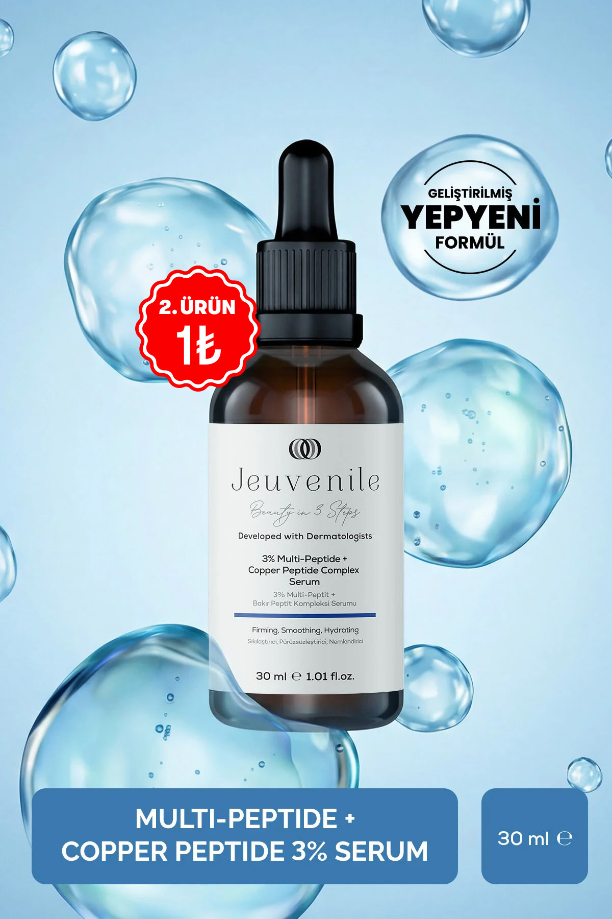 Jeuvenile Bakır Peptit %3 Serum – Kırışıklık Karşıtı & Cilt Bariyeri Onarıcı, Dolgunlaştırıcı Etki
