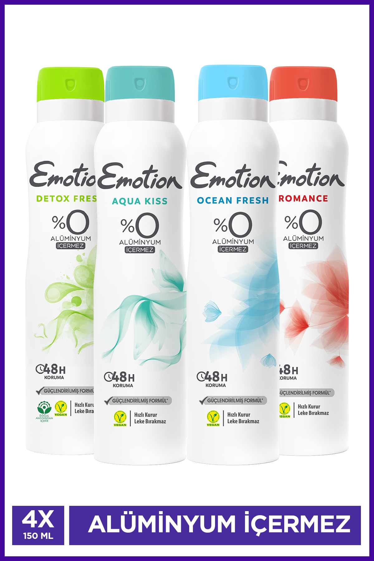 Emotion Kadın Alüminyumsuz Vegan Deodorant Set 4x150 Ml (Ocean Fresh,Romance,DetoxFresh,Aqua Kiss)