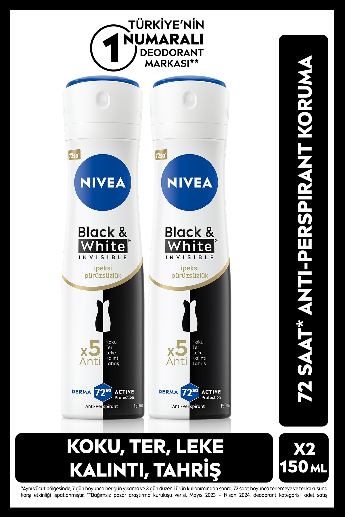 NIVEA Kadın Sprey Deodorant Black&White Invisible Ipeksi Pürüzsüzlük 150ml, 72 Saat Ter Koruması, X2 Adet