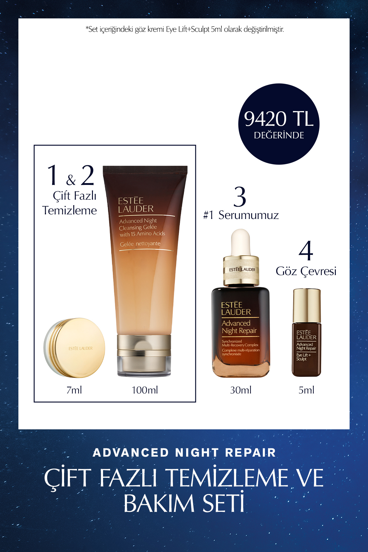 Estee Lauder Çift Fazlı Temizleme ve Bakım Seti - Temizleyici Balm 7ml ve Jel 100ml, Serum 30ml, Göz Kremi 5ml