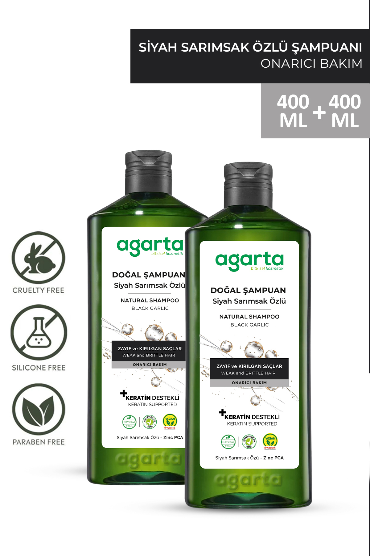 Agarta 2 Adet Doğal Saç Dökülmesine Karşı Siyah Sarımsaklı Tuzsuz Şampuan 400 ml