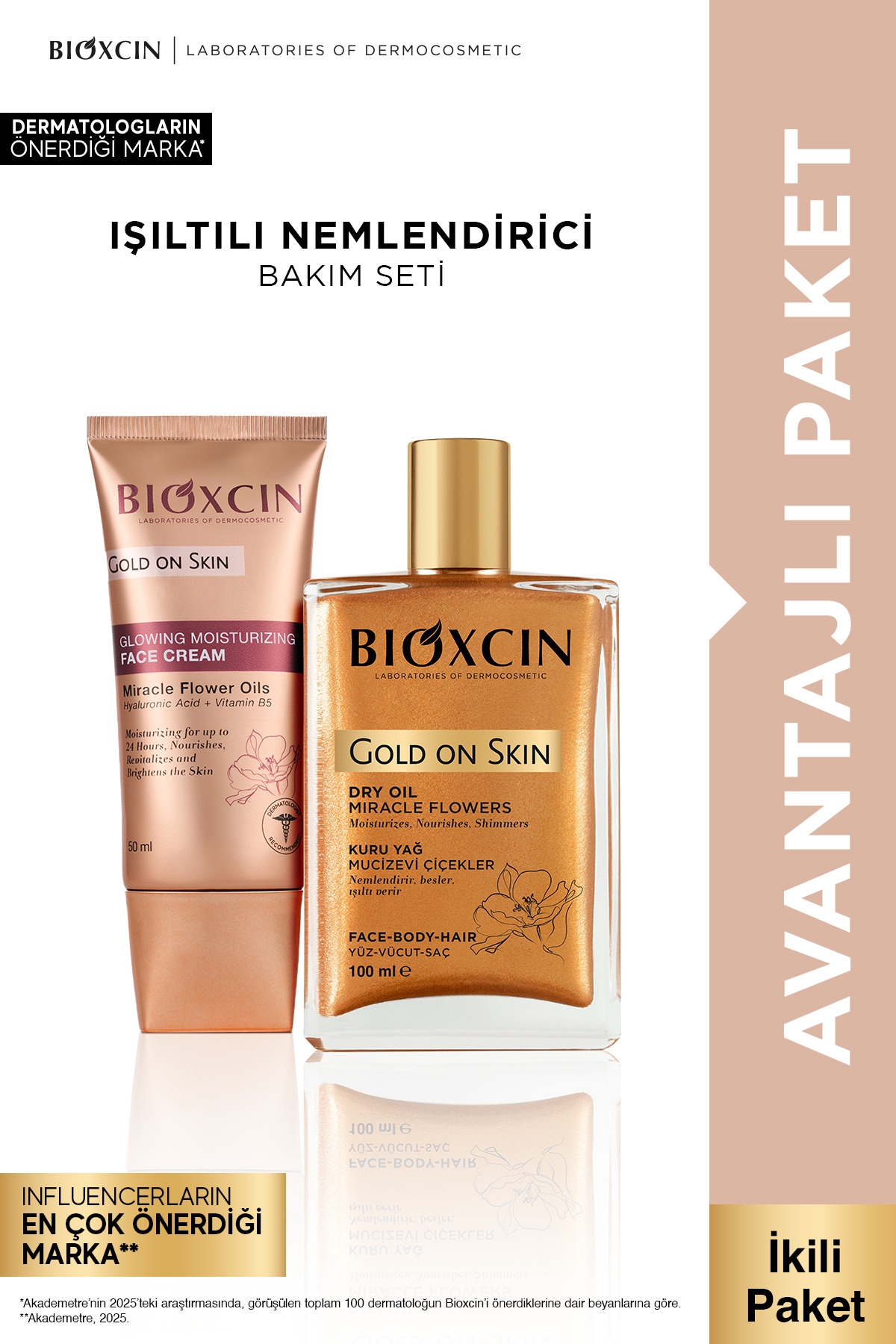 Bioxcin Gold On Skin Işıltılı Yüz Kremi 50 Ml + Altın Parıltılı Simli Kuru Yağ 100 ml Seti