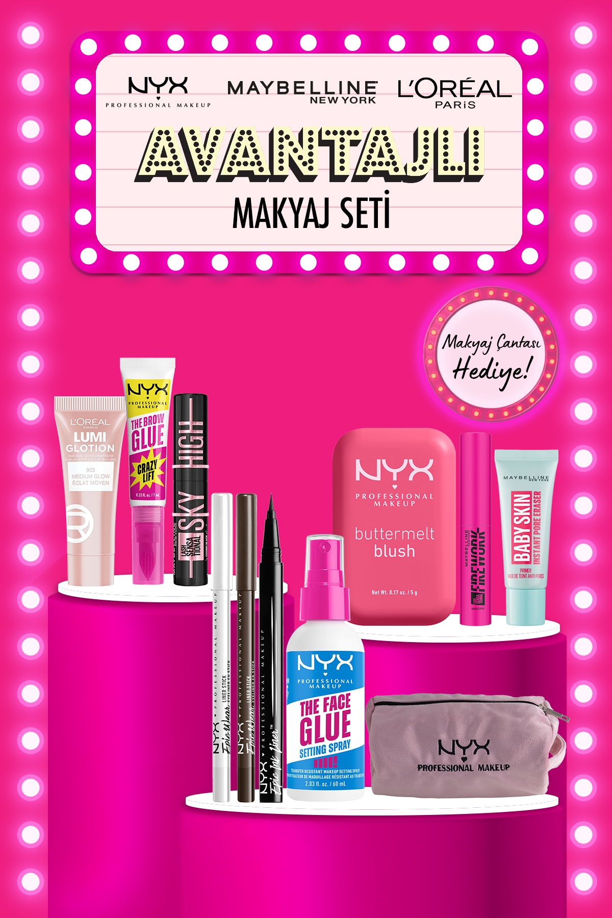 NYX Professional Makeup Tüm Ürünlerim Çantamda Makyaj Seti – NYX Kadife Çanta Hediyeli