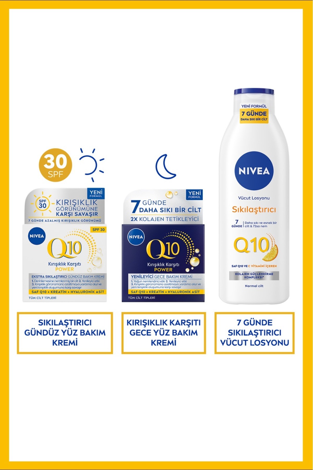 NIVEA Q10 Bakım Seti, SPF30 Güneş Koruyucu Gündüz Yüz Bakım Kremi, Gece Kremi ve Vücut Losyonu 250ml