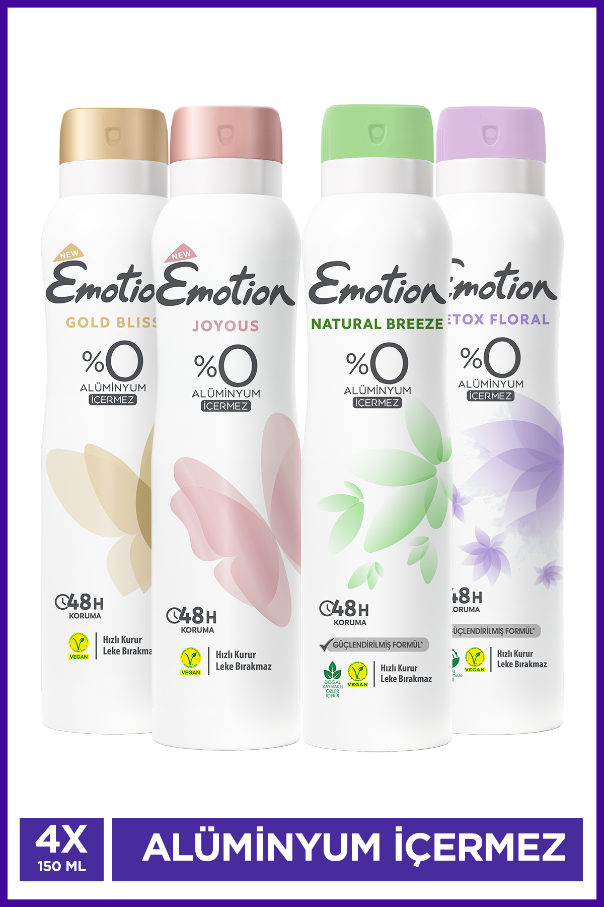 Emotion Kadın Vegan Deodorant 4x150 Ml (Gold Bliss,Joyous,NatBreeze,Detox Floral) Hızlı Kurur, Leke Bırakmaz