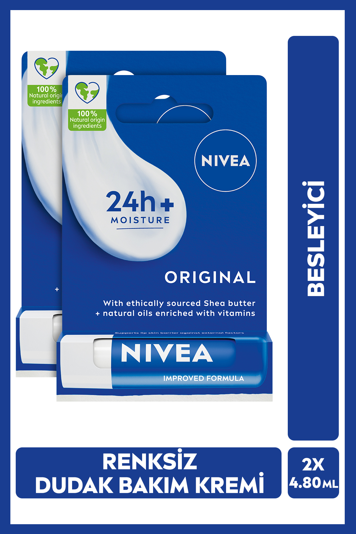 NIVEA Original Care Renksiz Dudak Bakım Kremi 4.8gr, 24 Saat Nemlendirici, Besleyici, Shea Yağı, X2 Adet