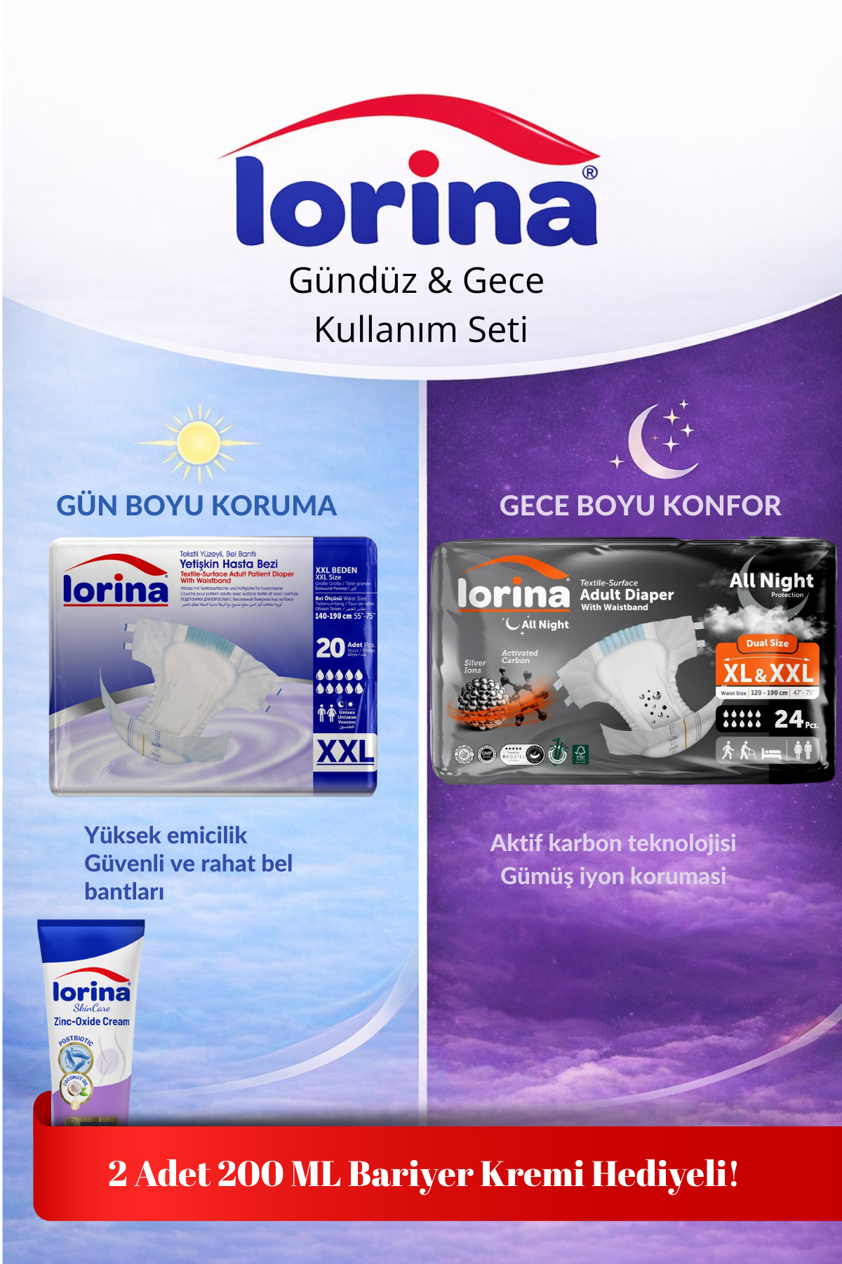 LORİNA Gündüz & Gece Kullanım Seti / XXL 20'li Gündüz-Aktif Karbonlu XXL 24'lü Gece Bariyer Kremi Hediyeli