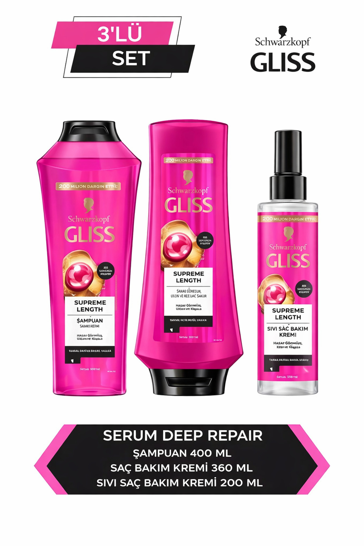 Gliss Supreme Length 400 ml + Saç Kremi 360 ml + Sıvı Saç Kremi 200 ml