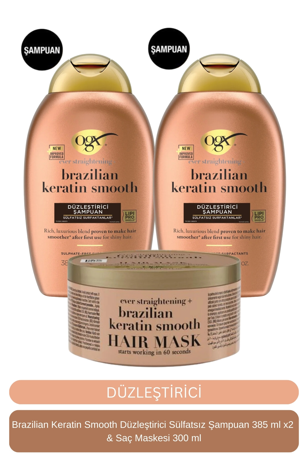OGX Brazilian Keratin Smooth Düzleştirici Sülfatsız Şampuan 385 ml x2 + Saç Maskesi 300 ml
