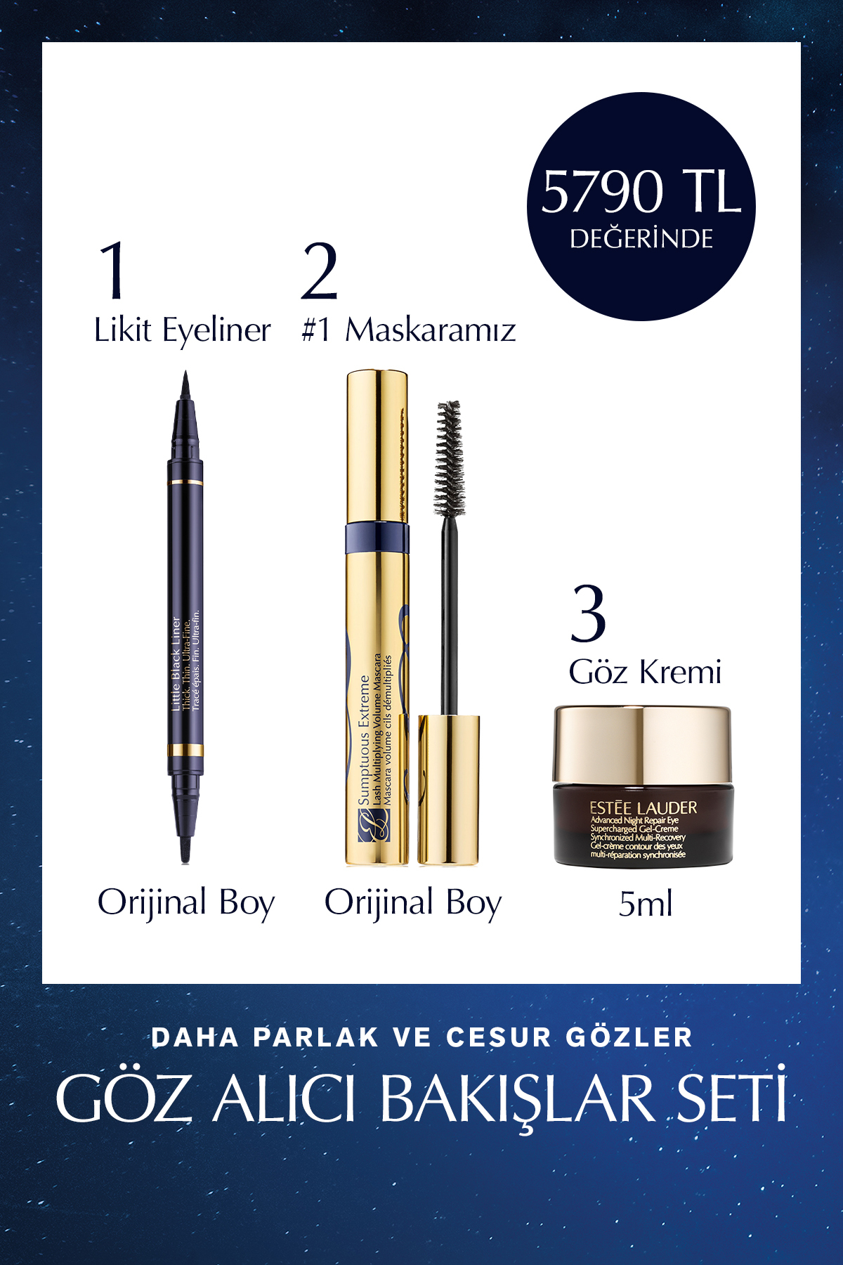 Estee Lauder Göz Alıcı Bakışlar Seti - Siyah Likit Eyeliner, Sumptuous Extreme Maskara 8ml, Göz Kremi 5ml