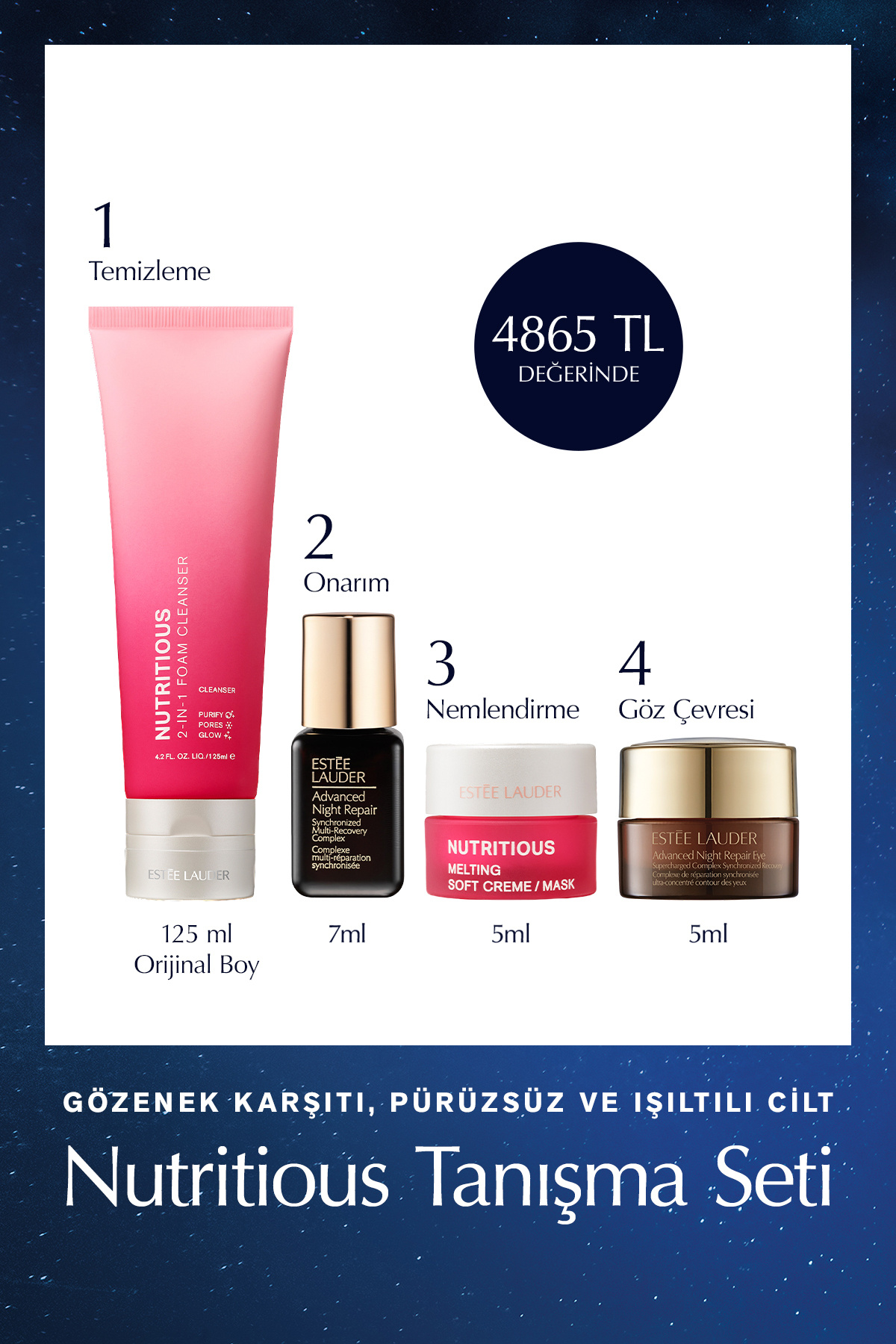 Estee Lauder Gözenek Karşıtı Cilt Bakım Seti - Nutritious Temizleyici 125ml, Serum 7ml, Krem 5ml, Göz Kremi 5ml