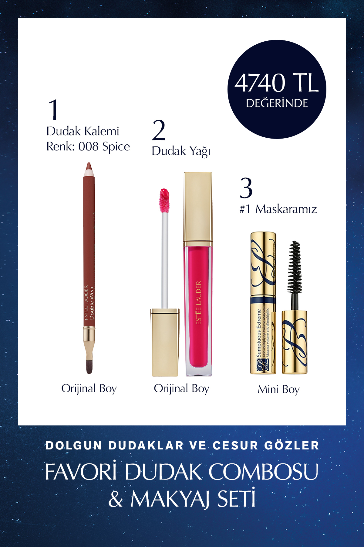 Estee Lauder Favori Dudak Combosu & Makyaj Seti - Dudak Kalemi, Dudak Yağı ve Mini Boy Maskara