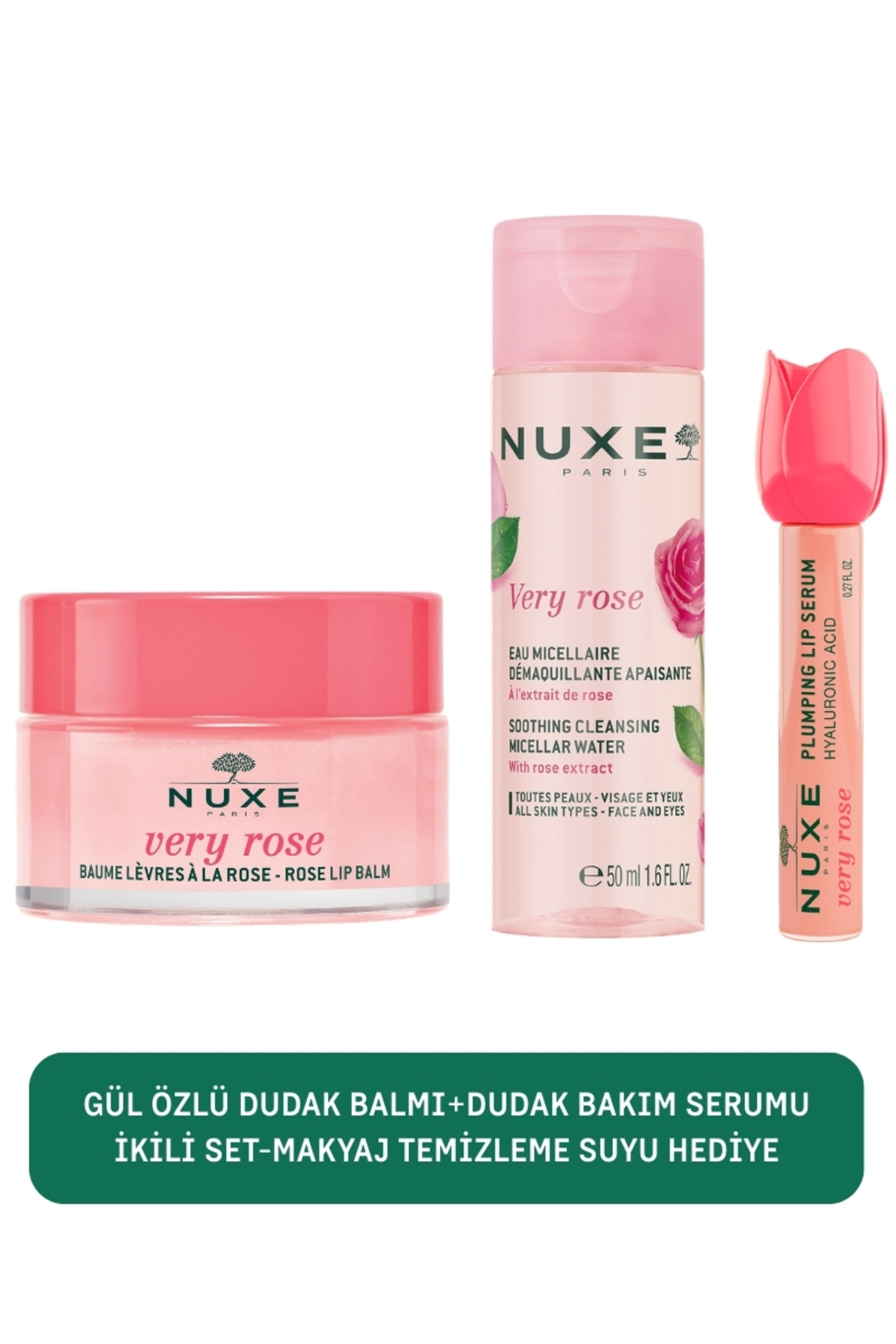 Nuxe Gül Özlü Besleyici Dudak Kremi-Dolgunlaştırıcı Dudak Serumu-Gül Özlü Makyaj Temizleme Suyu Hediye