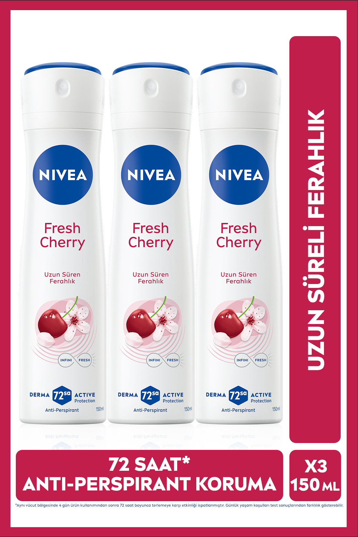 NIVEA Kadın Sprey Deodorant Fresh Cherry 150ml, X3 Adet, 72 Saat Anti-perspirant Koruma, Kiraz Çiçeği Koku