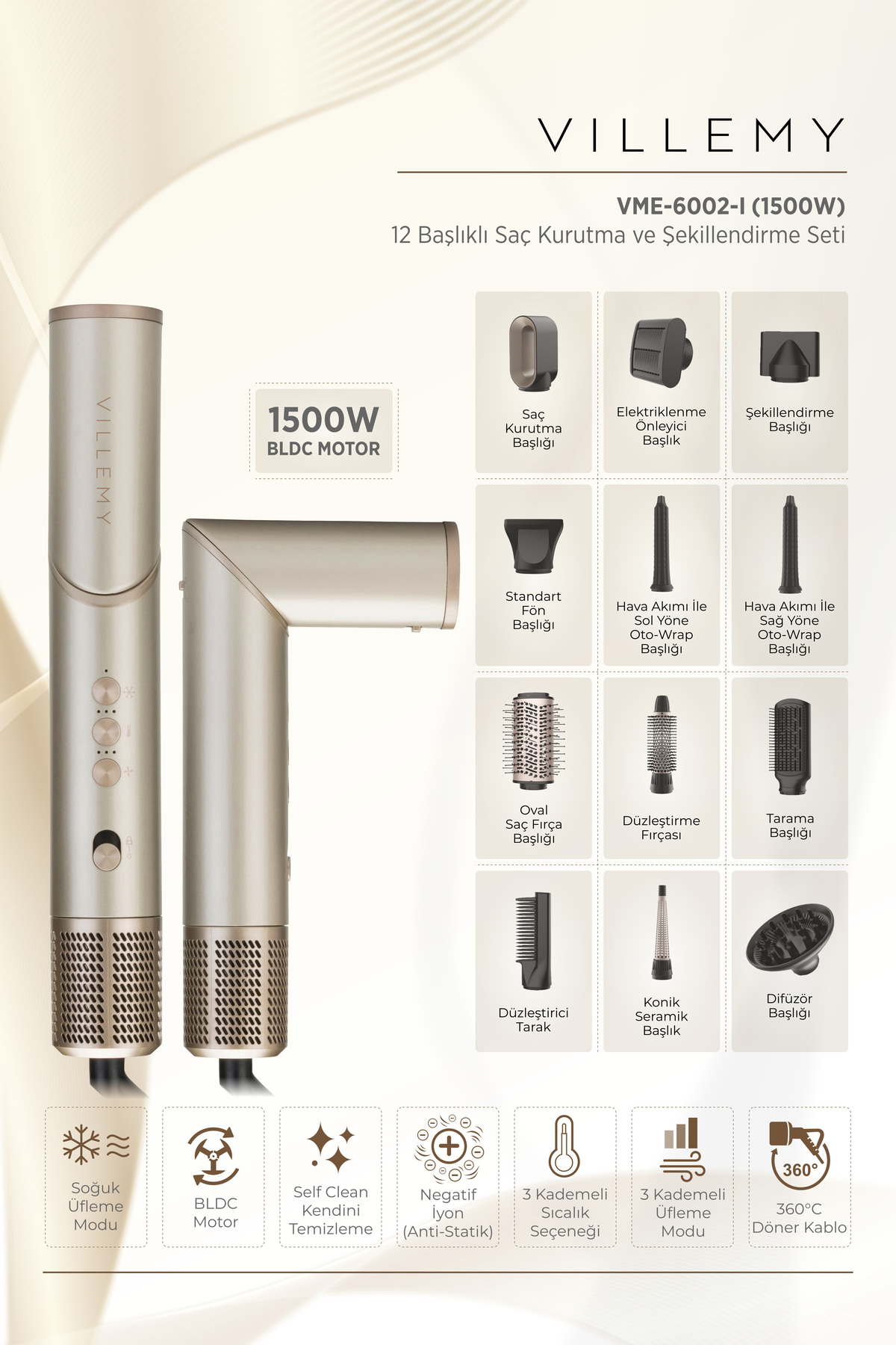 VILLEMY 12’si 1 Arada Çok Başlıklı Saç Kurutma ve Şekillendirme Seti – 1500 W BLDC Motor -VME-6002-I