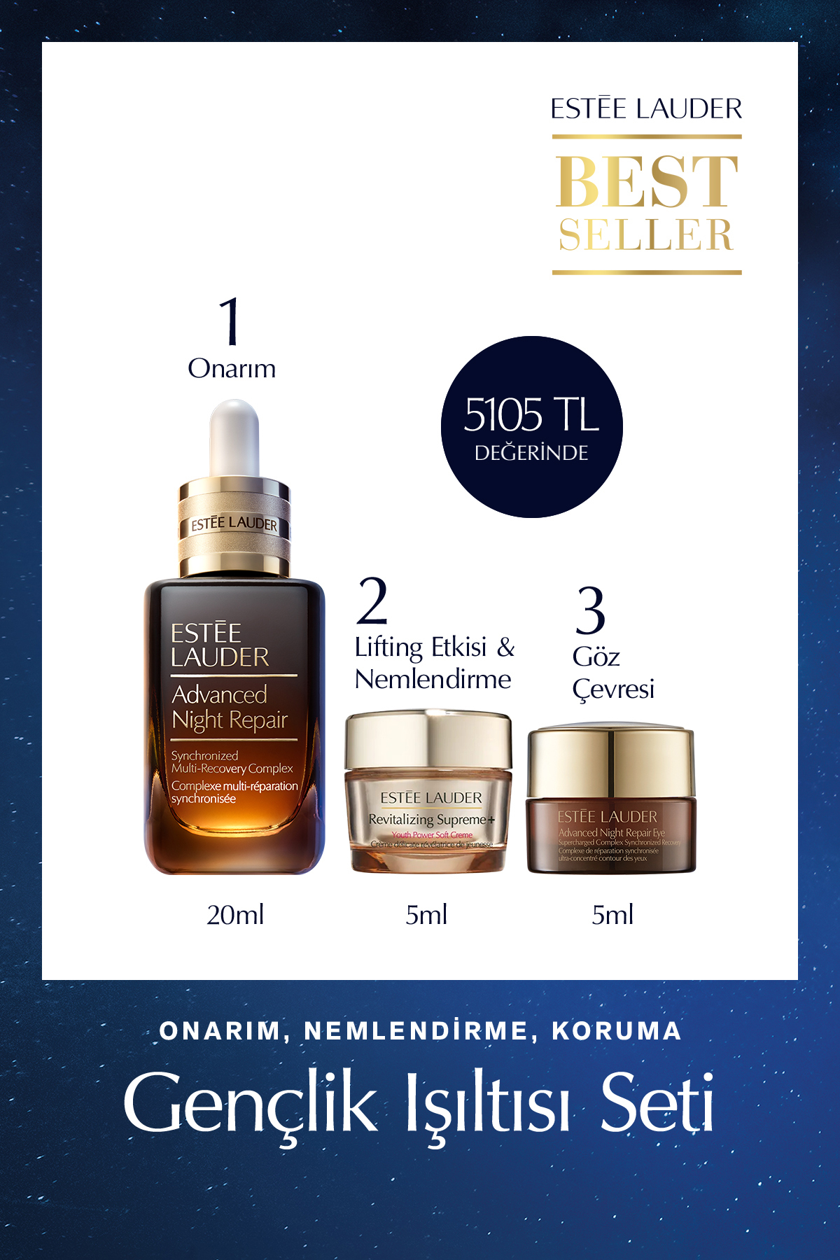 Estee Lauder Cilt Bakım Seti - Advanced Night Repair Serum 20ml Revitalizing Supreme Krem 5ml Göz Kremi 5ml