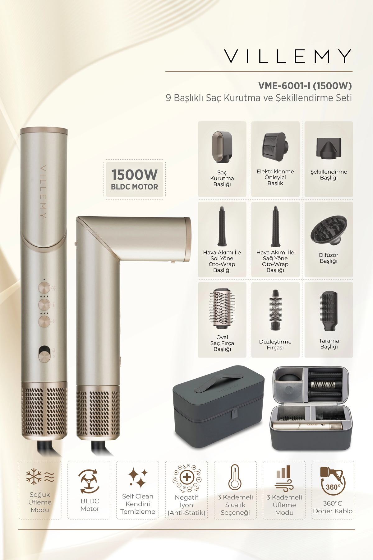 VILLEMY 9’u 1 Arada Çok Başlıklı Saç Kurutma ve Şekillendirme Seti – 1500 W BLDC Motor-VME-6001-I