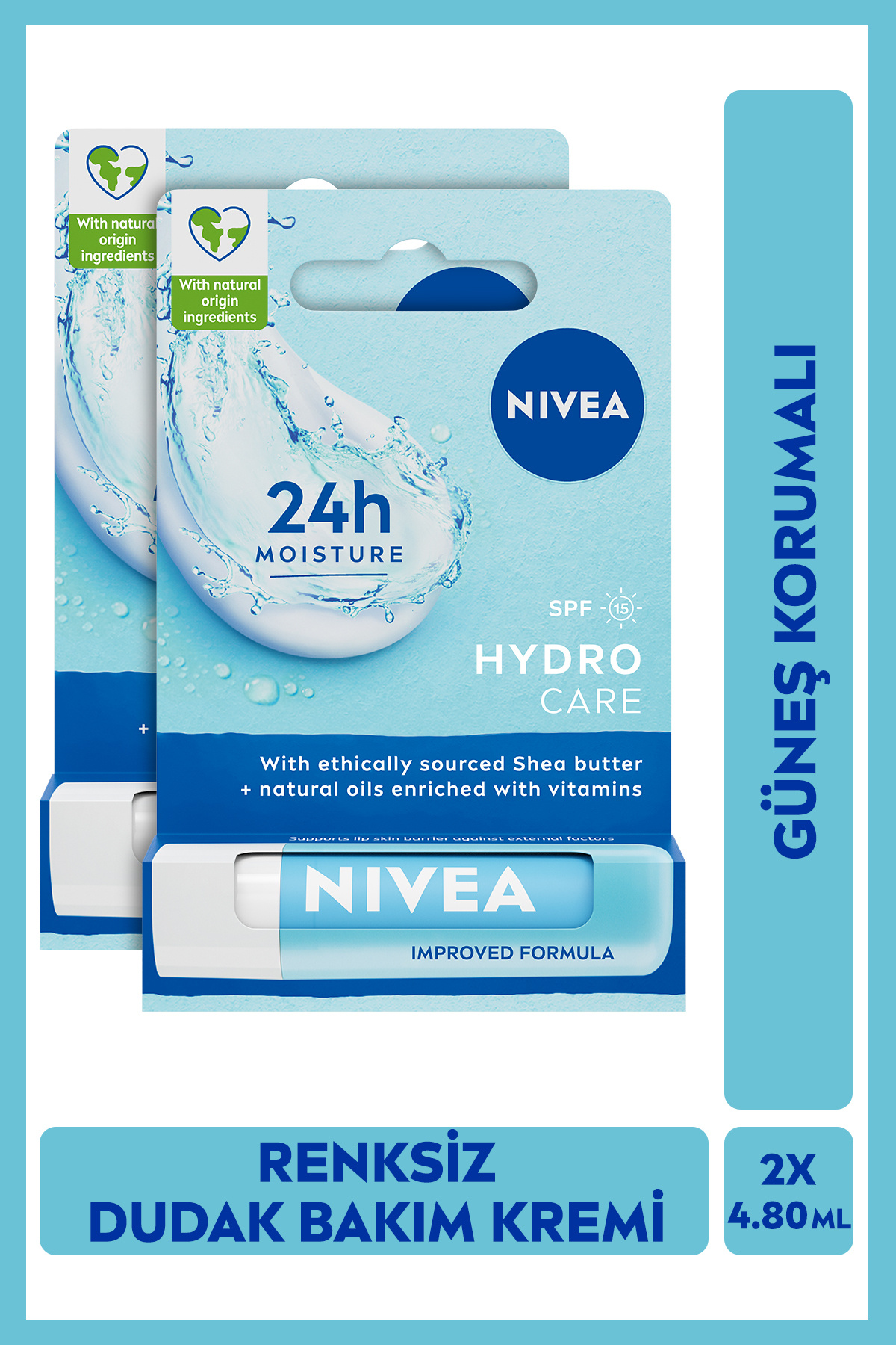 NIVEA SPF15 Hydro Care Renksiz Dudak Bakım Kremi 4.8gr, Güneş Koruyucu, X2 Adet